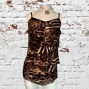 Cache Black & Brown Animal Print Lacy Stretch Ruffle Tiered Tank Top, Small